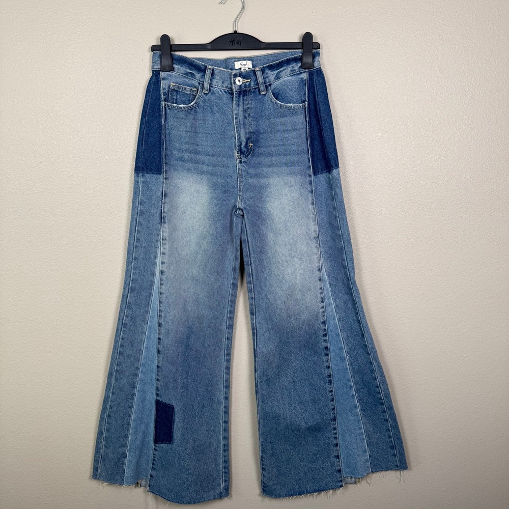 Y2K Patchwork Flare Jeans Wide Leg Colorblock Denim Raw Hem 29